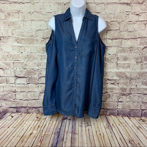 New York & Company Chambray Cold Shoulder Shirt NWOT - Picture 1 of 9